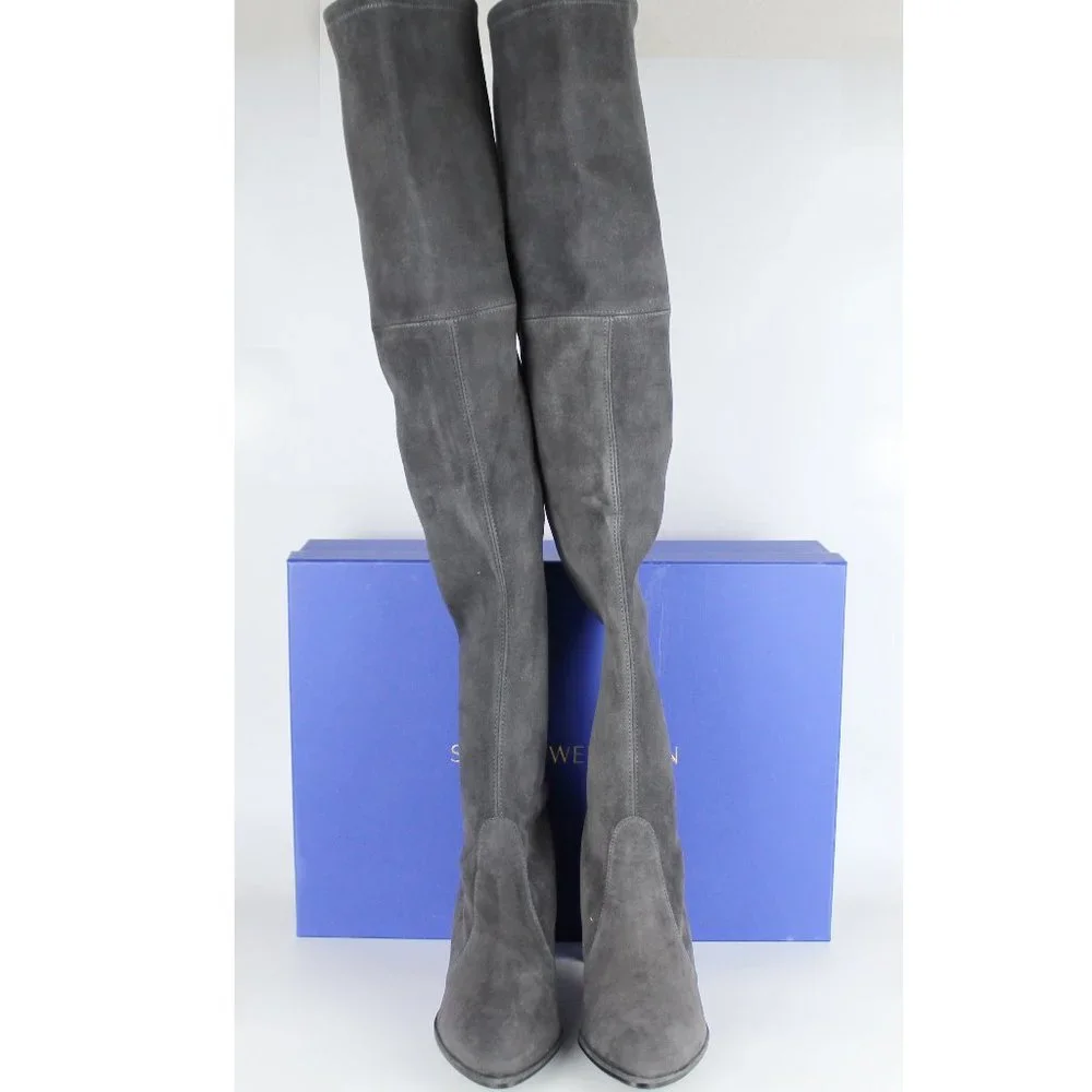 NEW Stuart Weitzman Landmark Pointed Toe Over the Knee Boots, Slate, US 10